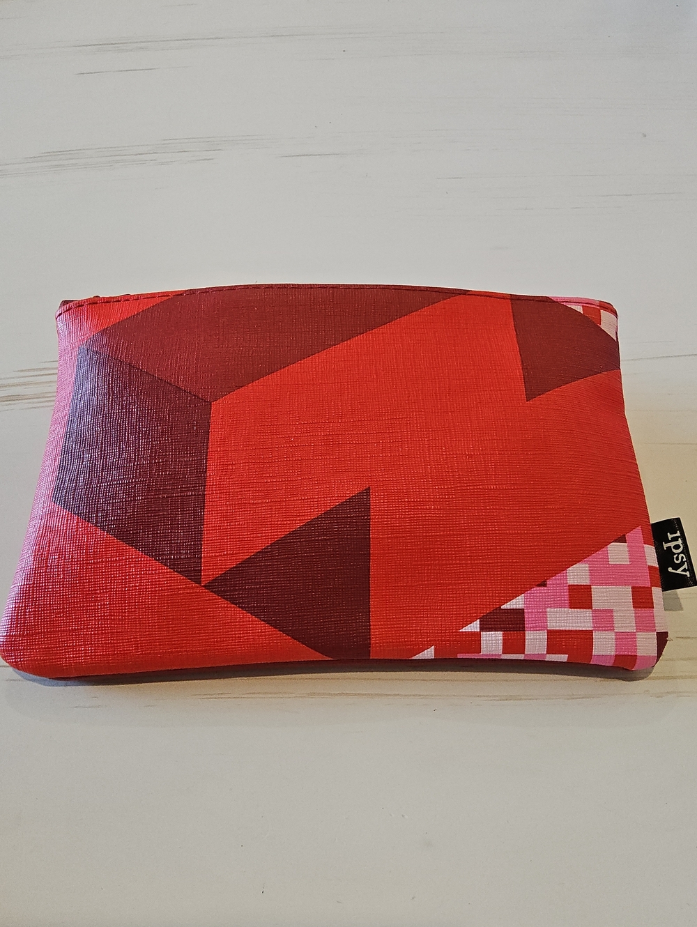 ipsy Red Geometric Cosmetic Pouch with Pink Accent